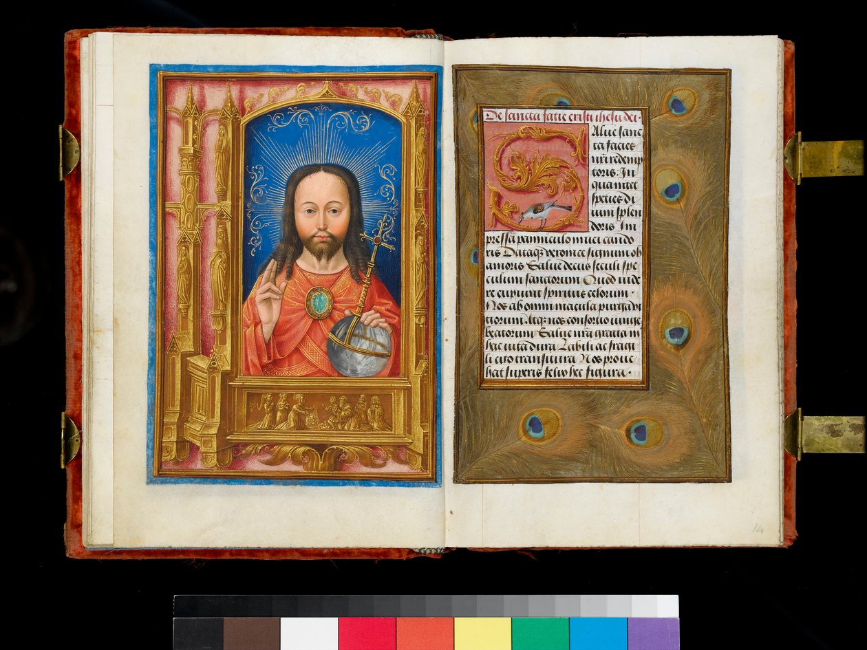 Christus in Majesteit boven een predella paneel met St. Veronica die de sudarium toont aan zes aanbidders, rand van pauwenveren door Flemish School