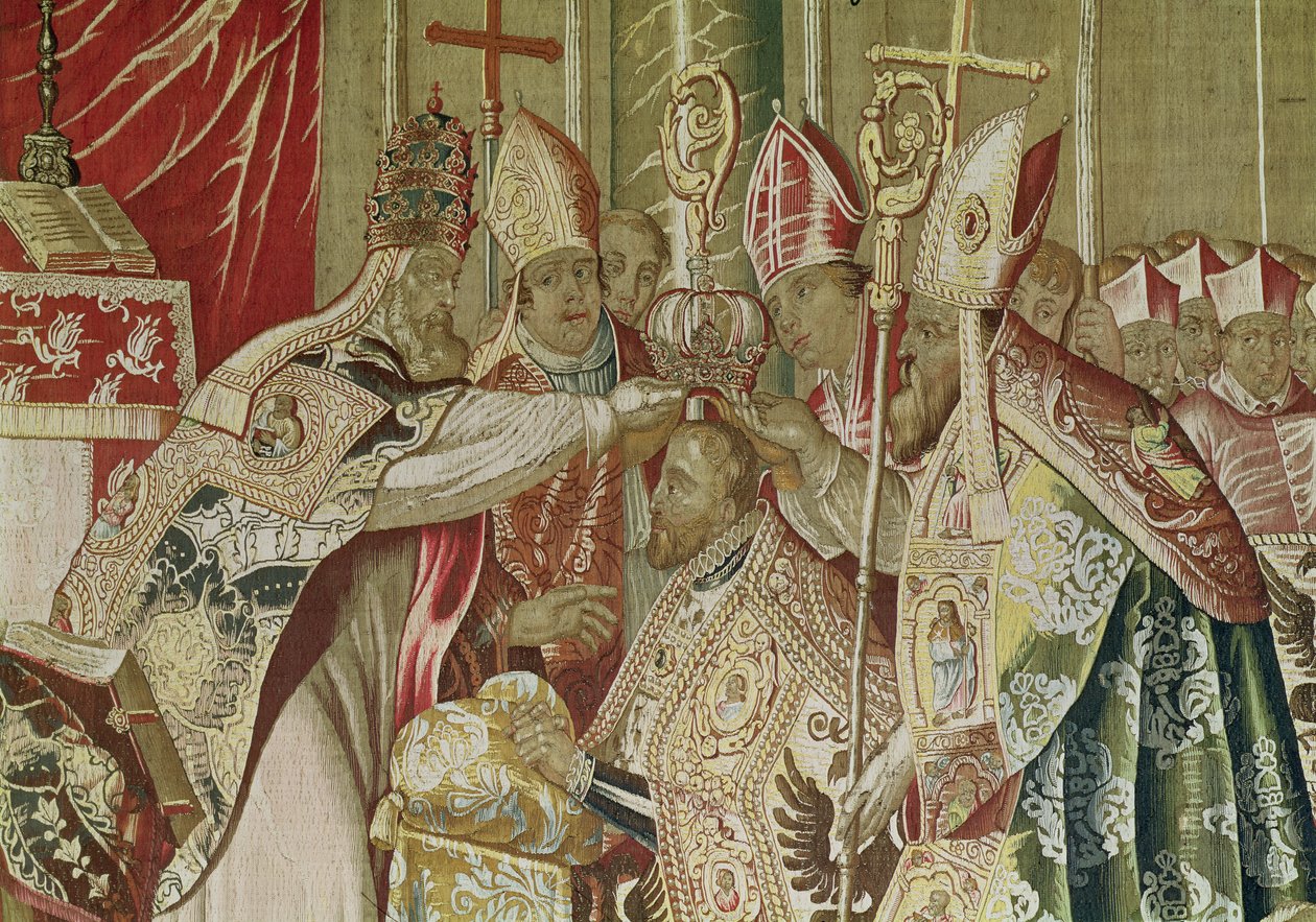 De Kroning van Karel V uit Het Wandtapijt van Karel Quint, c.1630-40 (detail) door Flemish School