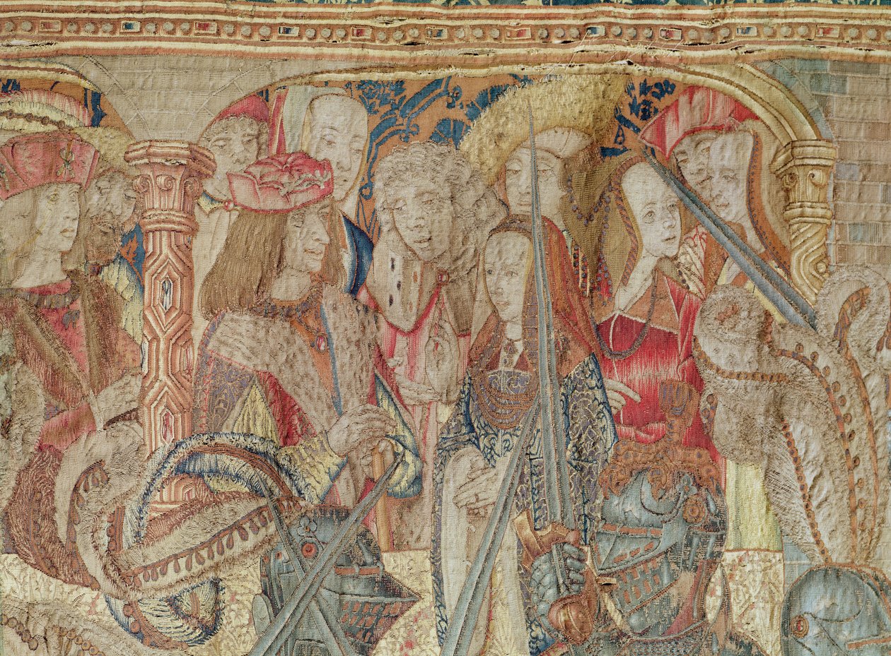 Het Toernooi, verticale weefgetouw tapijt uit de Brusselse werkplaats, detail van de tribune met Karel VII (1470-98) en Anna van Bretagne (1477-1514) ca.1497 door Flemish School