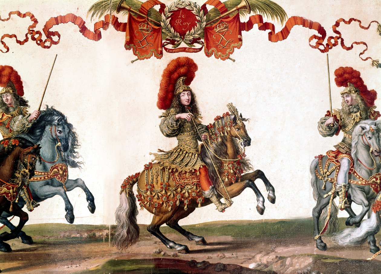 Franse koning Lodewijk XIV bij de Grand Carrousel, miniatuur, 1662 door French School