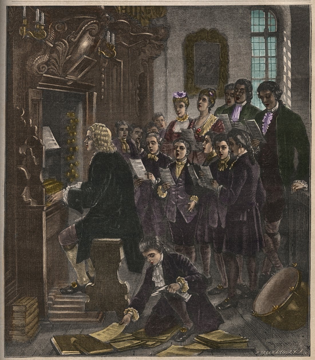 Johann Sebastian Bach speelt orgel in de St. Thomas School, Leipzig, illustratie uit La musique populaire, 1882 door French School