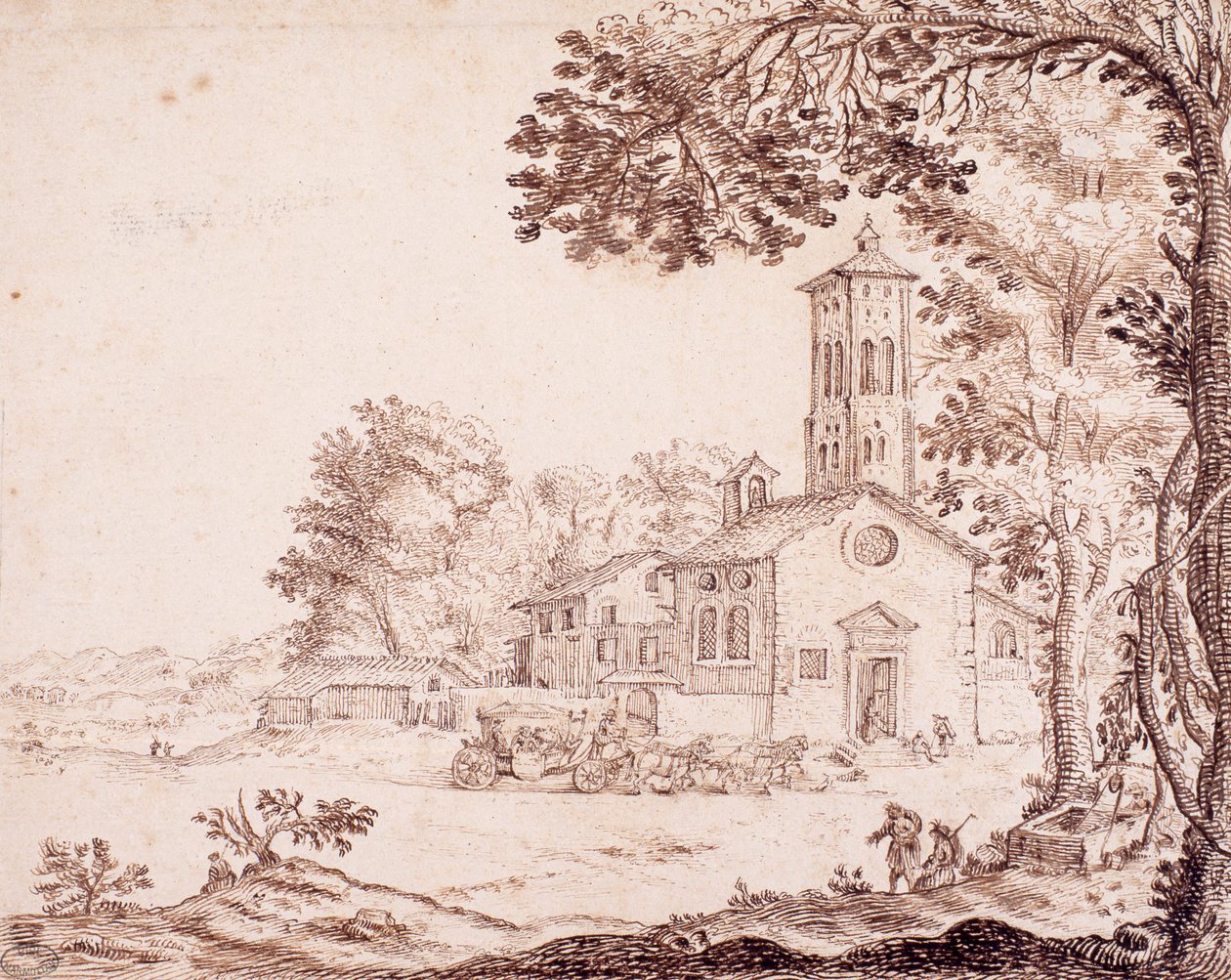 Landschap, kerk en koets door French School