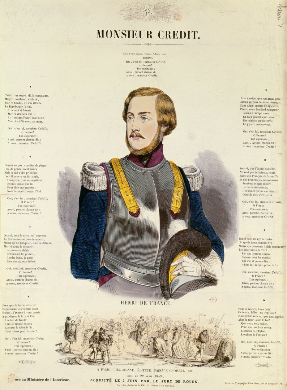 Monsieur Credit, Franse royalistische propaganda ter verheerlijking van Henri Charles Ferdinand Marie Dieudonne de France, Duc de Bordeaux, Comte de Chambord door French School