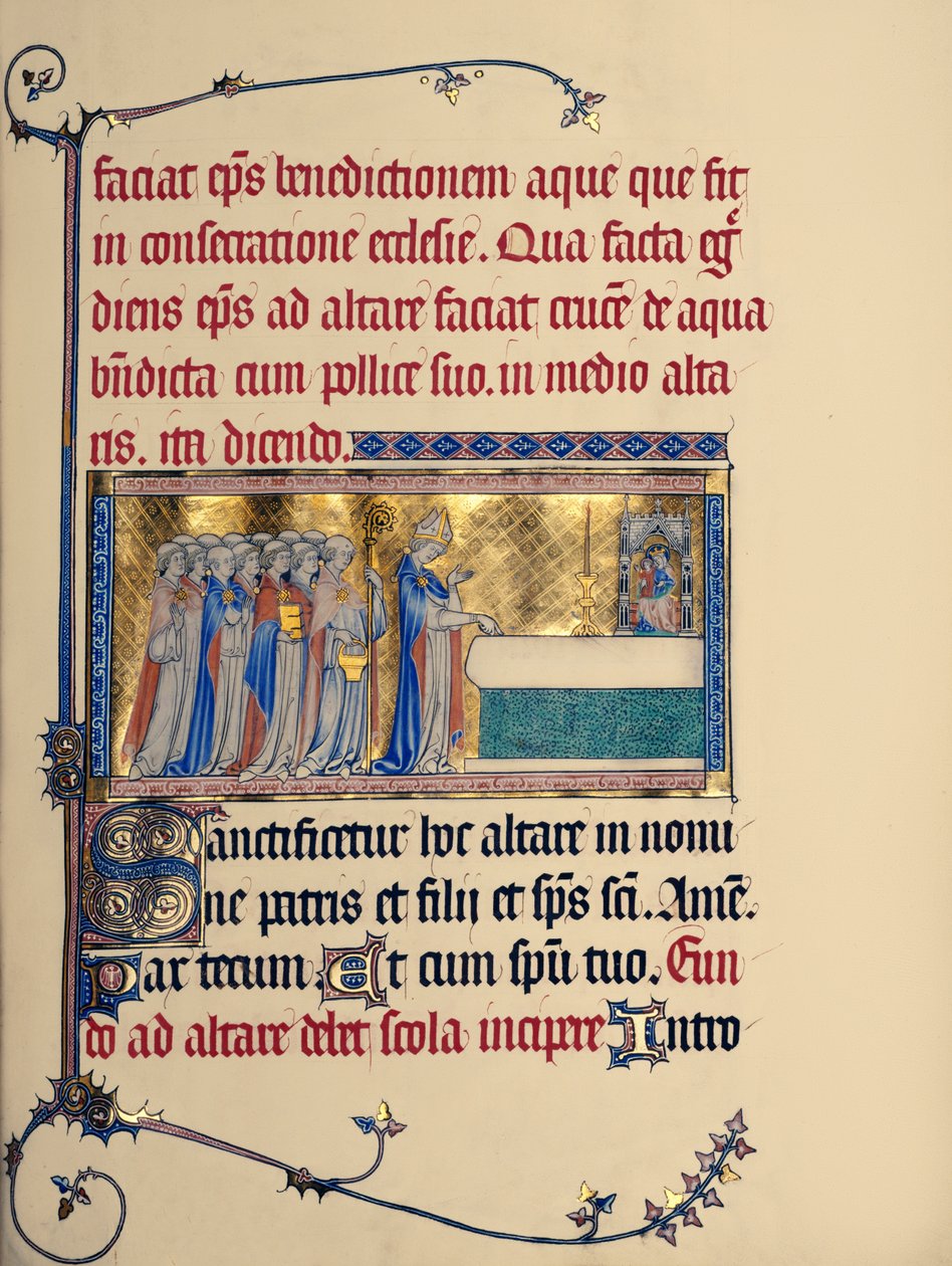 Inwijding van een kerk, uit het Metz Pontificale, ca. 1302-16 door French School