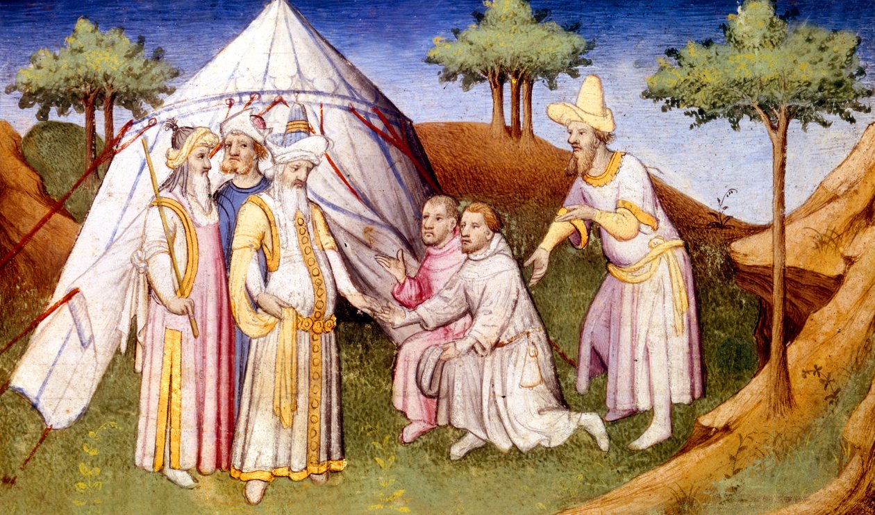 Ms Fr 2810 f.2v, Koeblai Khan begroet door de gebroeders Polo, uit Livre des Merveilles du Monde, c.1410-12 door French School