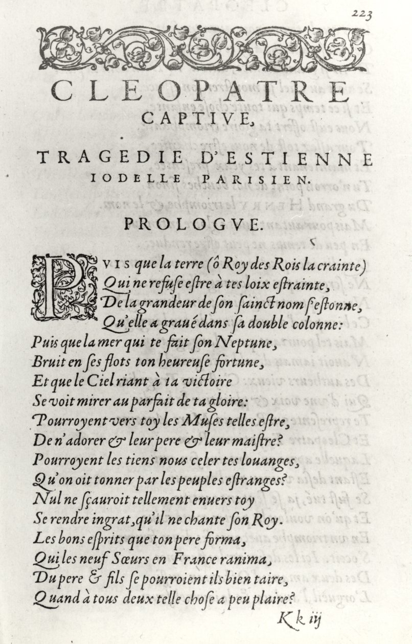 Titelpagina van Cleopatre Captive, door Etienne Jodelle (1532-73) 1574 door French School