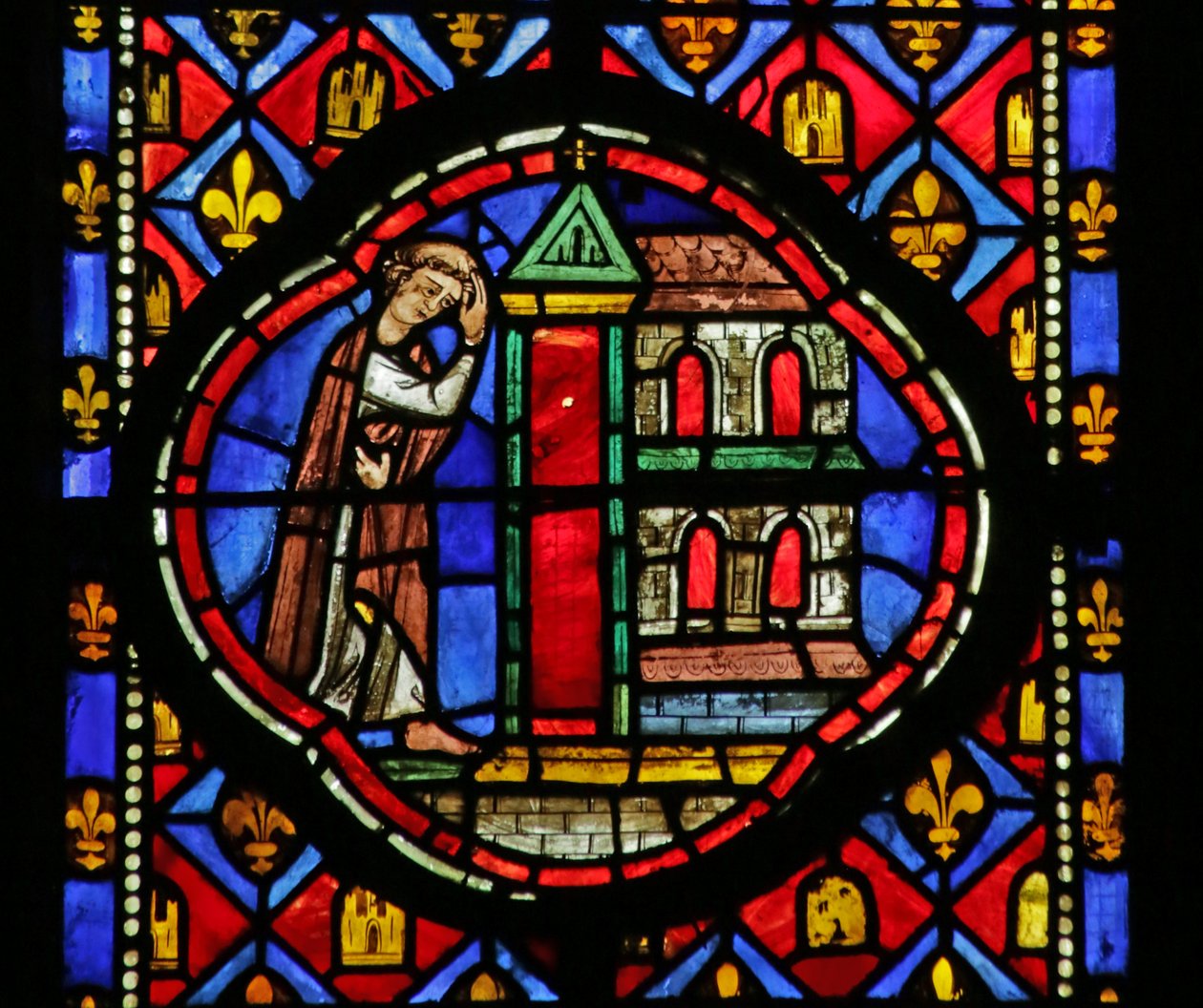 Raam met Theophilus die een kerk bouwt door French School
