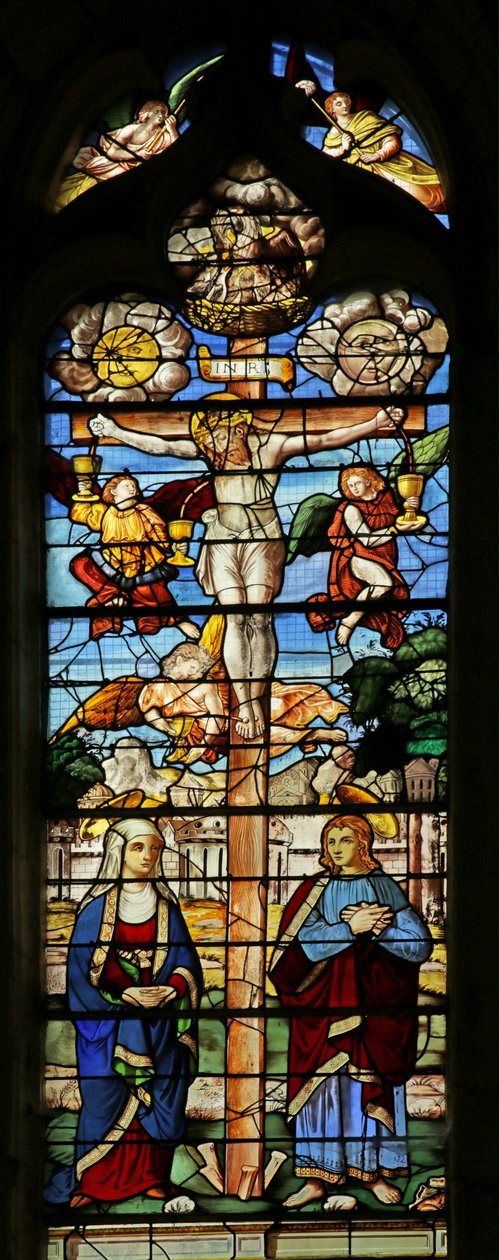 Raam met de Kruisiging met Zon, Maan, Sint Jan, Maagd Maria, Engelen en Kelkjes door French School