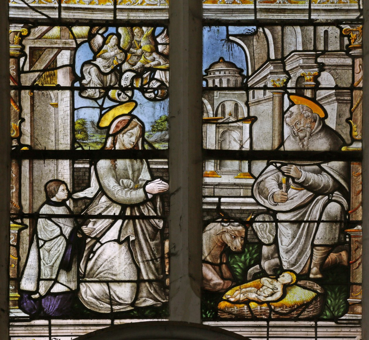 Raam met afbeelding van de Geboorte van Christus door French School