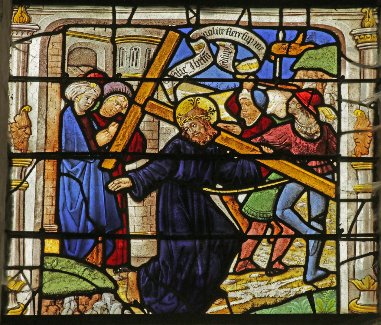 Raam met afbeelding van de Via Crucis door French School
