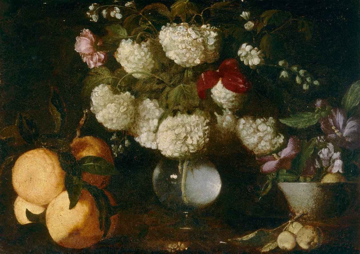 Sneeuwballen, rozen, anjers, fruit door Italian School