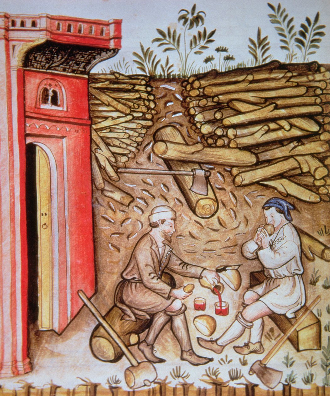 Brood eten en wijn drinken, illustratie uit Tacuinum Sanitatis Codex Vindobonensis door Italian School