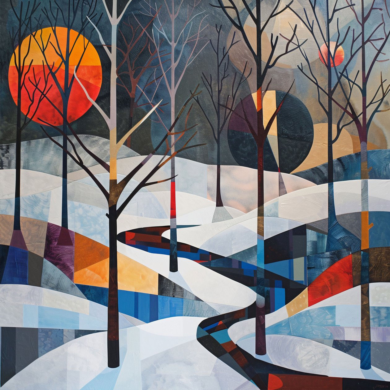 Bomen en winterlandschap, abstracte geometrische vorm voor muurkunstprints door F. Abderrahim