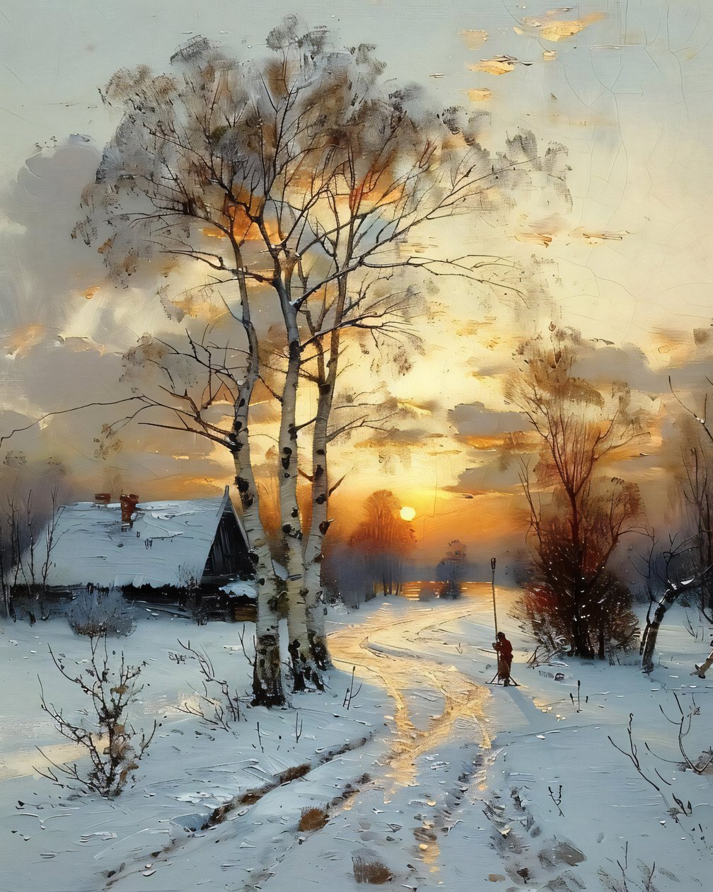 Een huis op het platteland bij zonsondergang in de winter te midden van de sneeuw, canvas kunstdrukken door F. Abderrahim