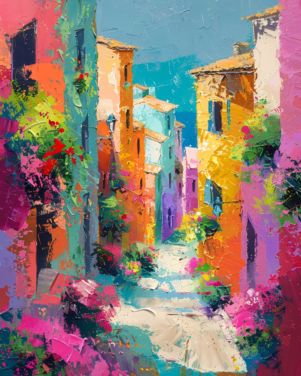 Abstract schilderij kleurrijke huizen in een mediterrane dorpsstraat | kunstdrukken door F. Abderrahim