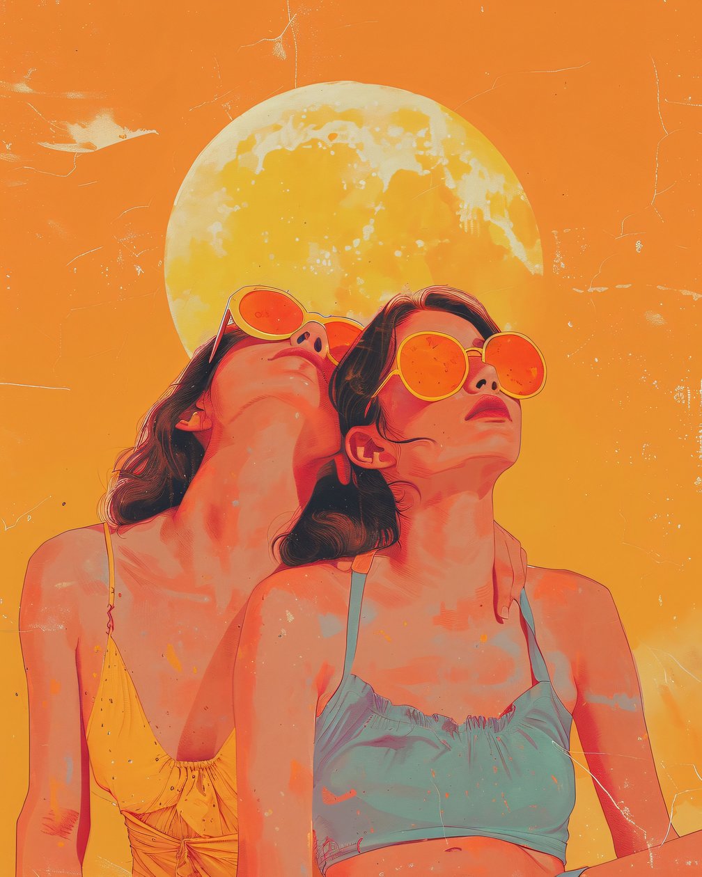 Abstract portret: twee vrouwen met zonnebrillen & zonsondergang achter wandkunstdrukken door F. Abderrahim