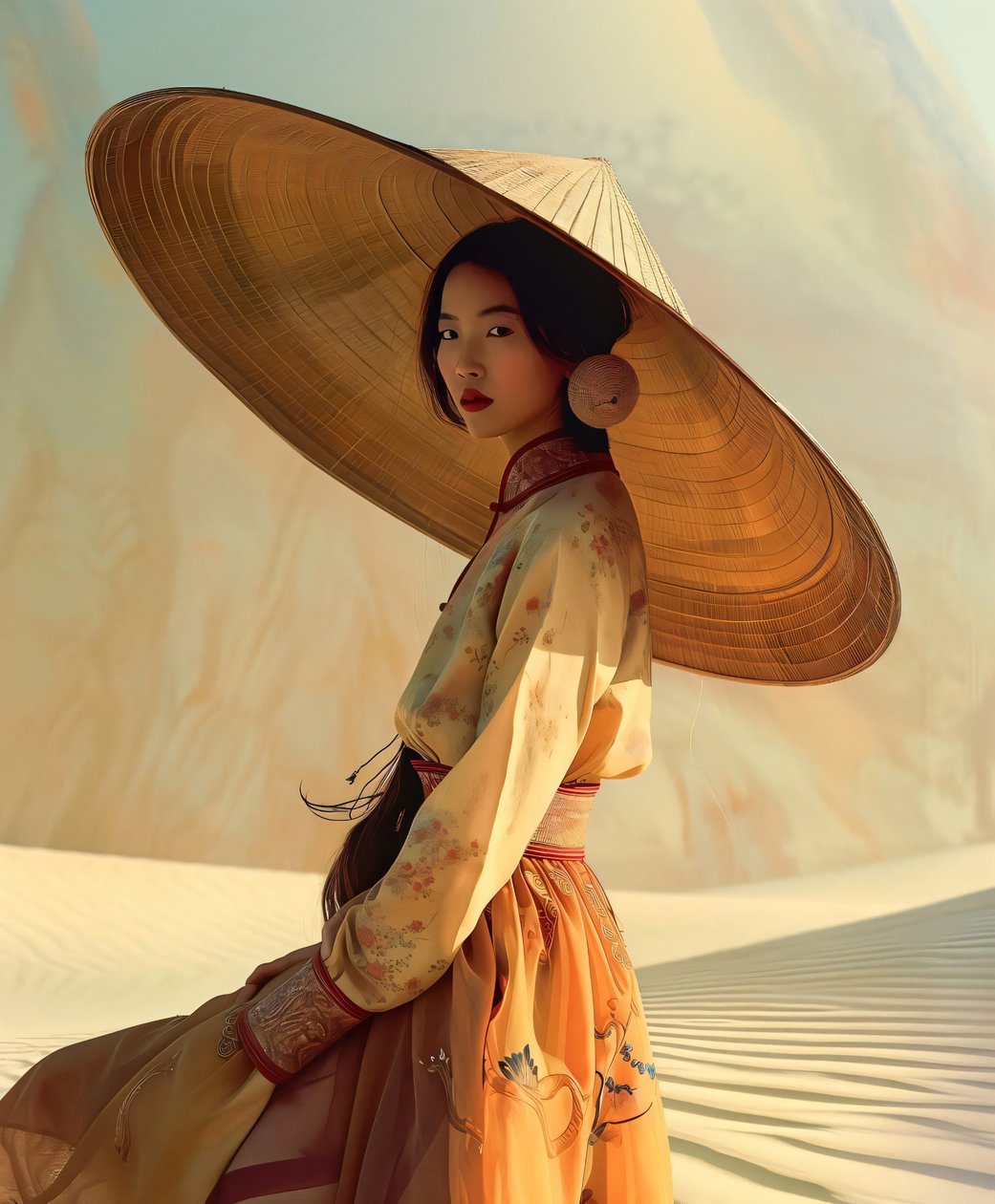 Chinese vrouw in een gele kimono in een woestijn door F. Abderrahim