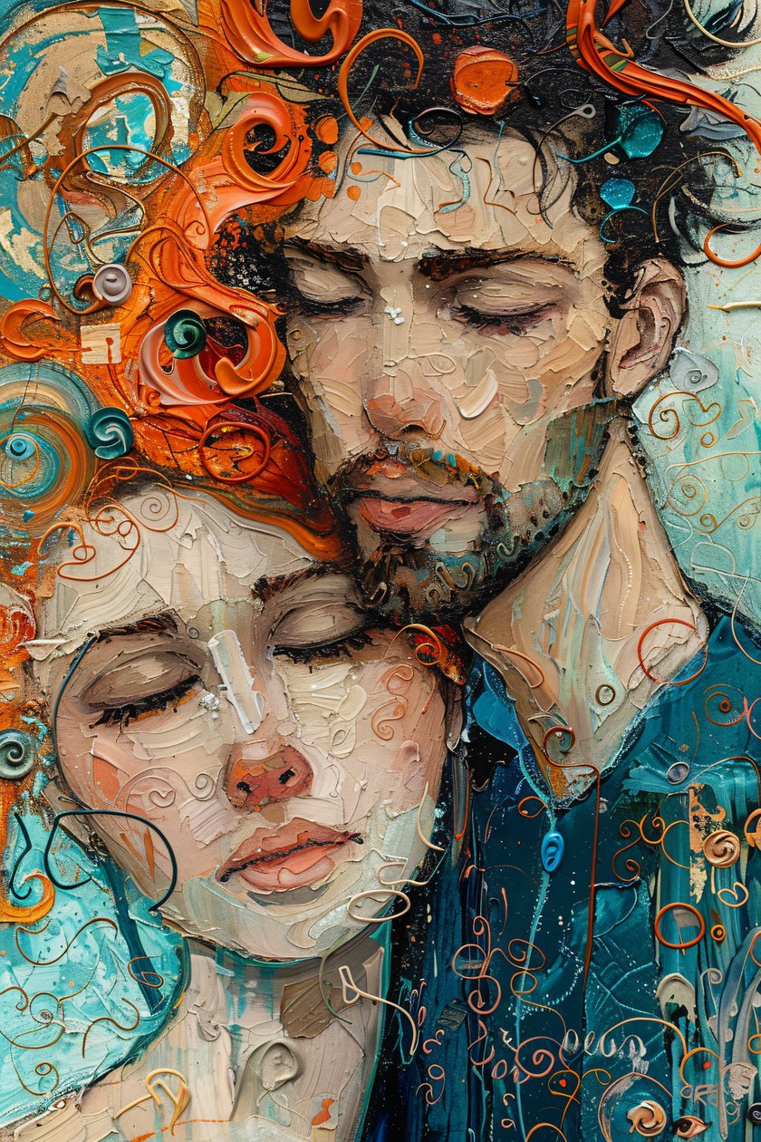 Digitale schilderij: een man en meisje in een omhelzing door F. Abderrahim