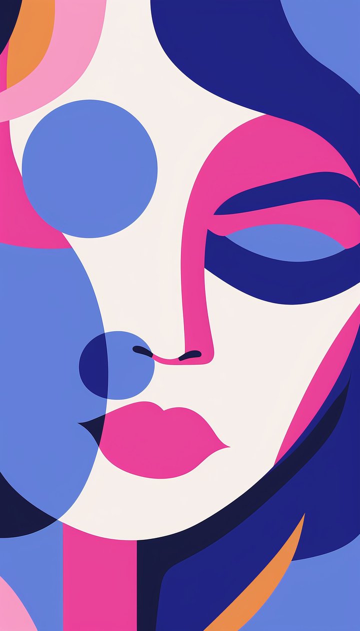 Minimalistisch vrouwenportret in paarse kleuren en wit door F. Abderrahim