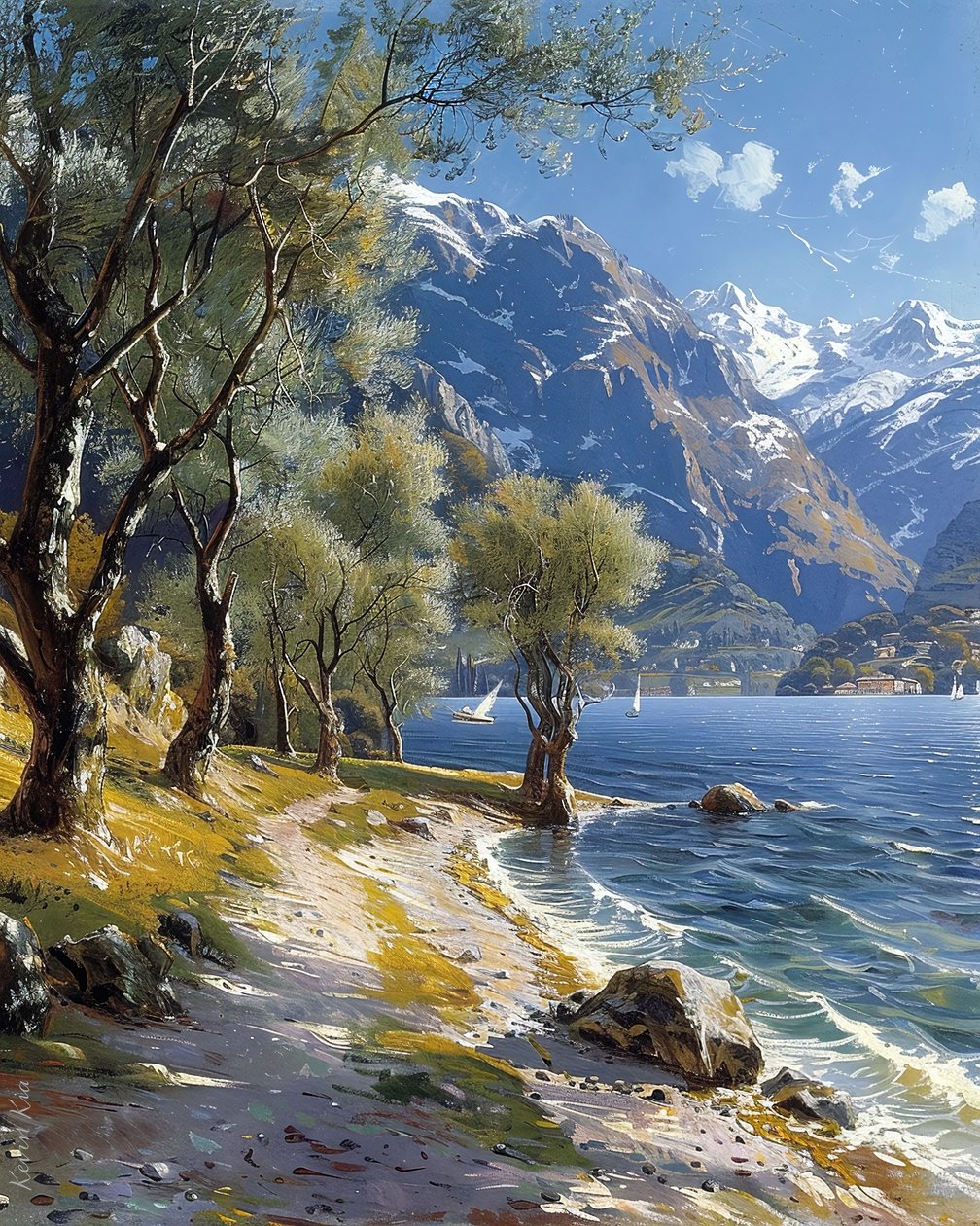 Berg- en boslandschap met een rustig meer, online kunstdrukken door F. Abderrahim
