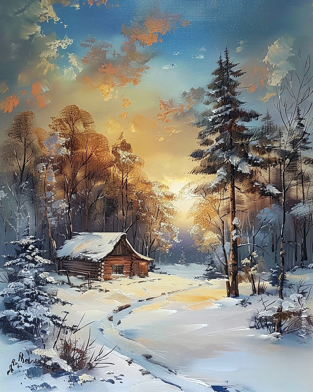 Hut midden in een bos en sneeuw, winterlandschap, muurdecoratie-ideeën door F. Abderrahim