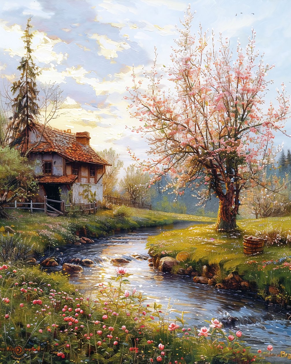 Oud huis  Landschap met stromende rivier, Ingelijst wanddecoratie door F. Abderrahim