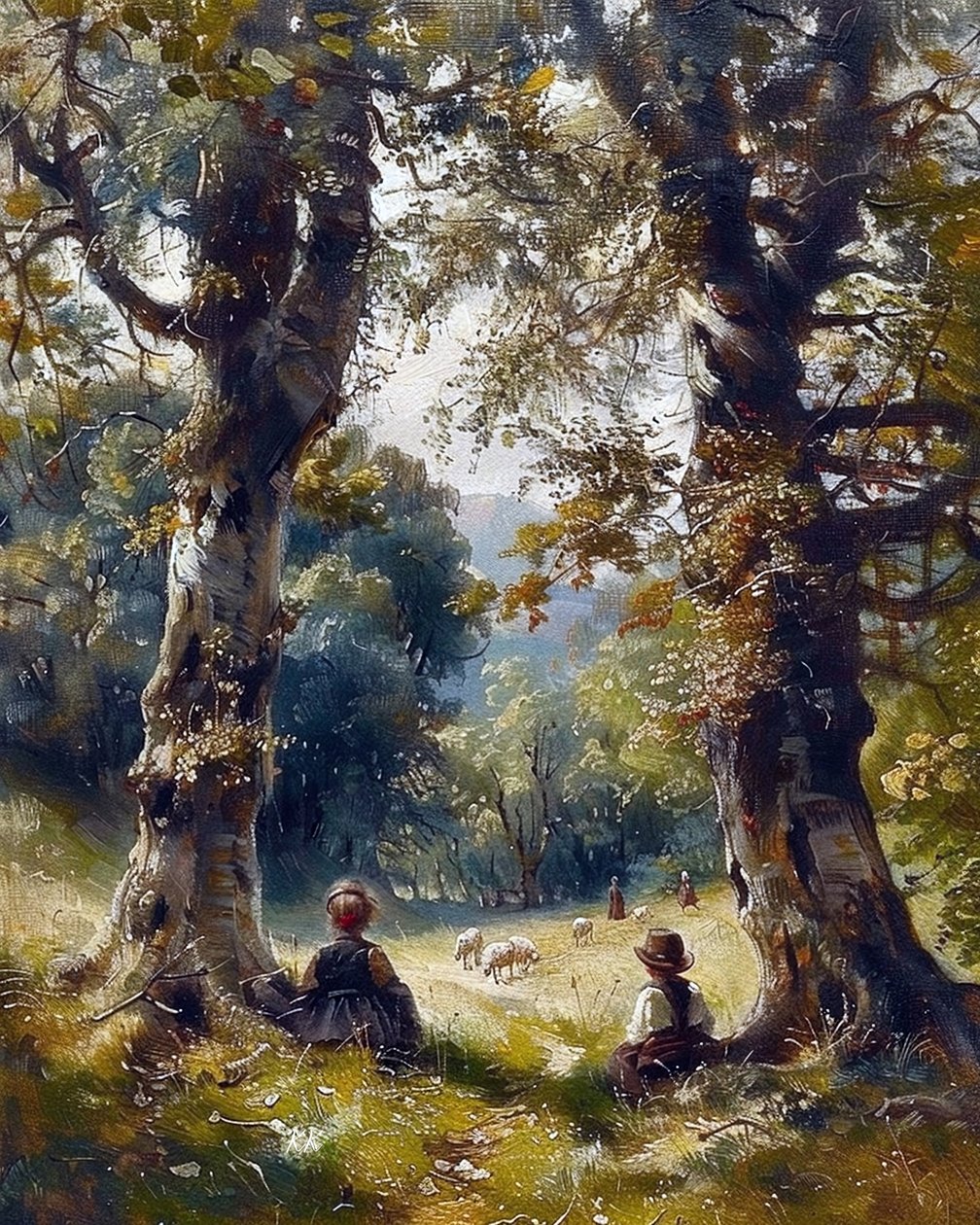 Kinderen zittend onder bomen in het bos, modern wanddecor door F. Abderrahim