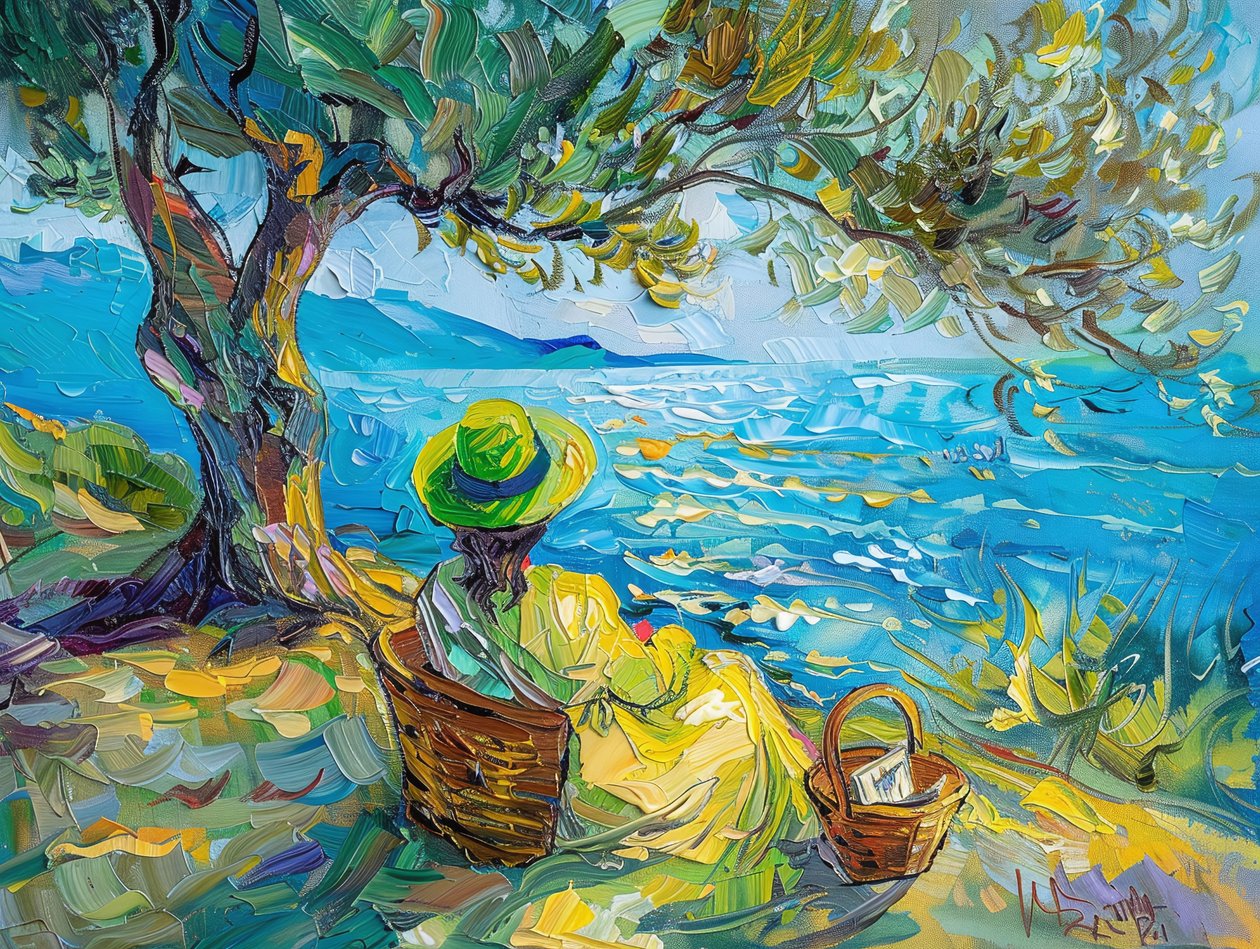 Kleurrijk abstract olieverfschilderij : moderne vrouw met groen  blauw door F. Abderrahim