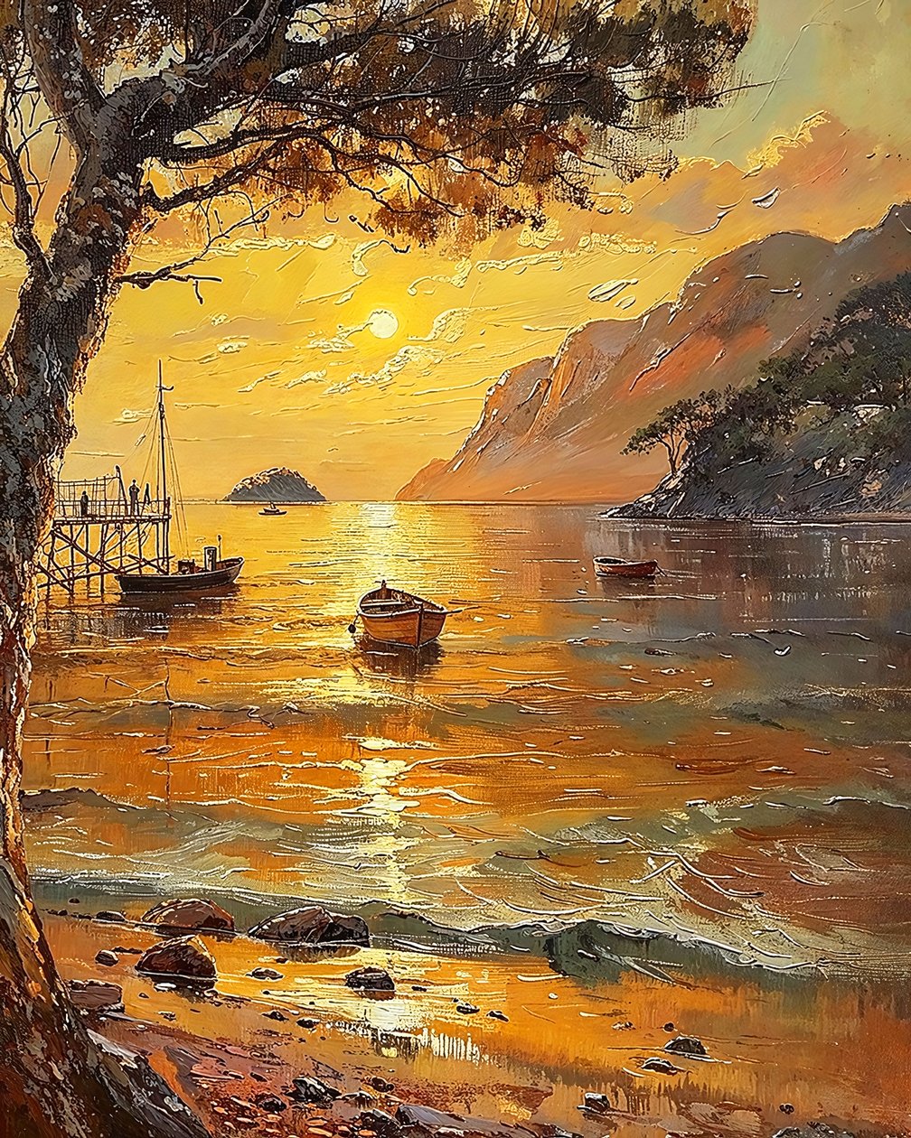 Strand en boten, zonsondergang in de avond, Muurdecoratie te koop door F. Abderrahim