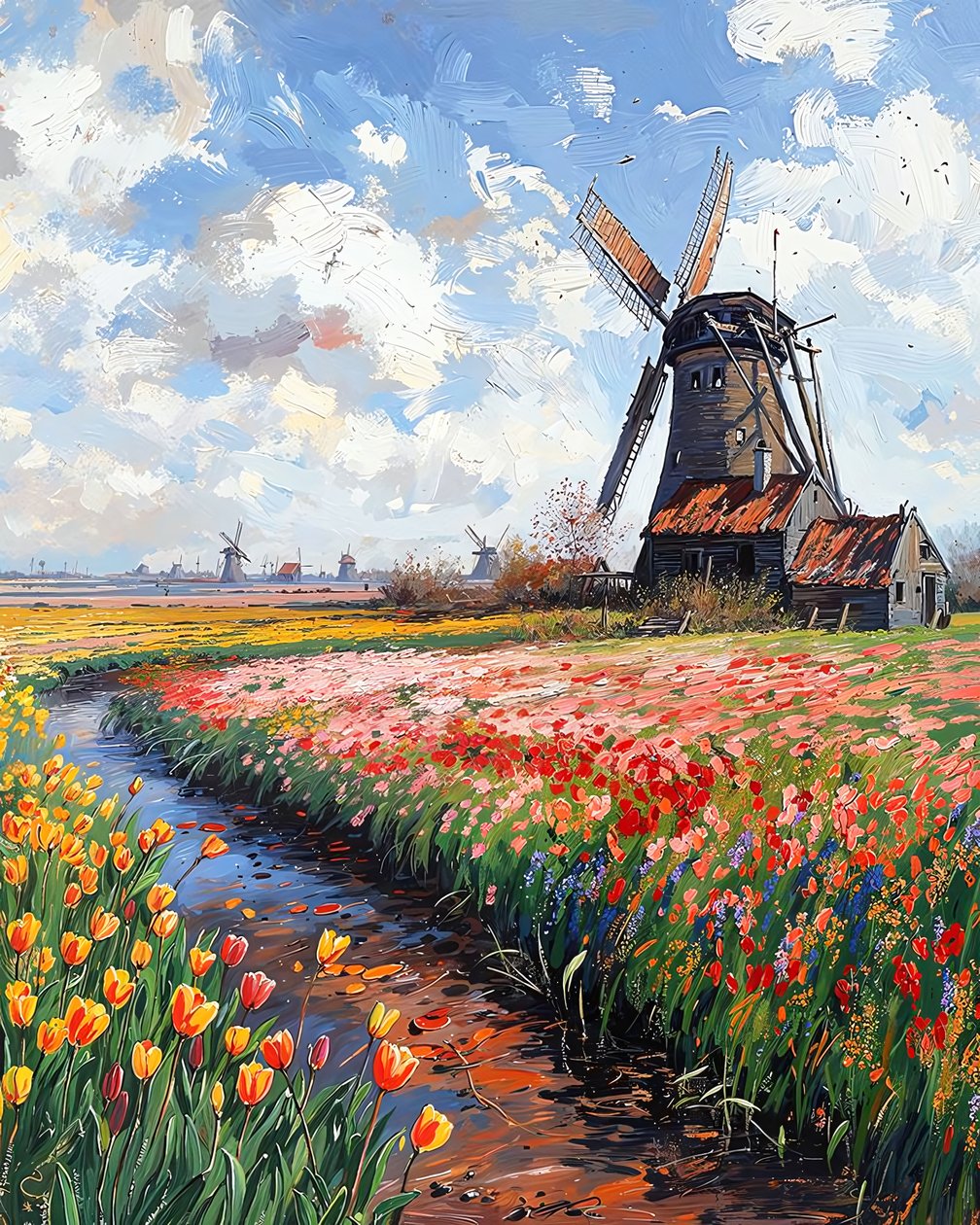Een middeleeuwse stenen windmolen in een bloemrijk moeras verbonden met het water door F. Abderrahim