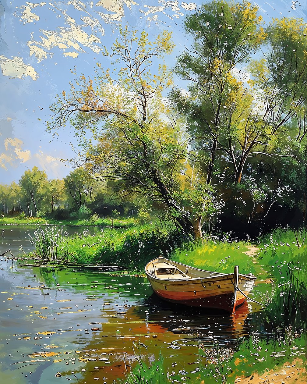 Boot aan de rand van een meer met helder water, landschap wanddecor door F. Abderrahim
