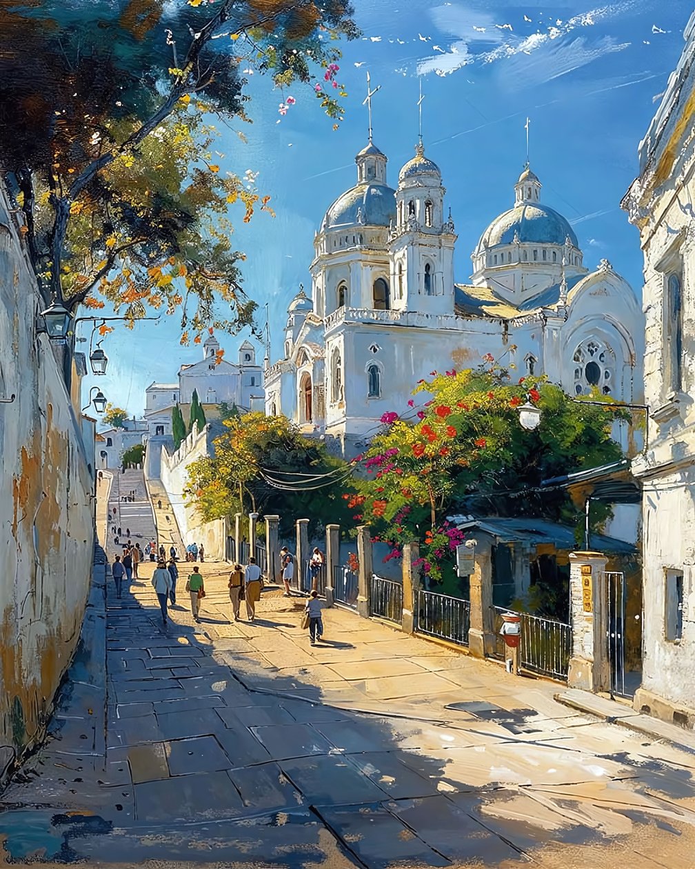 Een straat in het centrum van een mediterrane stad, wit muurmonument door F. Abderrahim