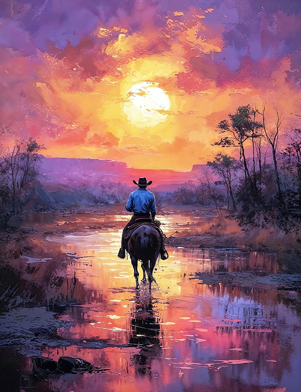 western ridder in een rood zonsondergang landschap, wanddecor voor woonkamer door F. Abderrahim