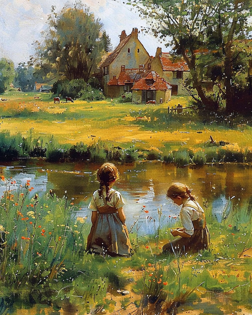 Kinderen spelen buiten het huis op het platteland, canvas prints door F. Abderrahim