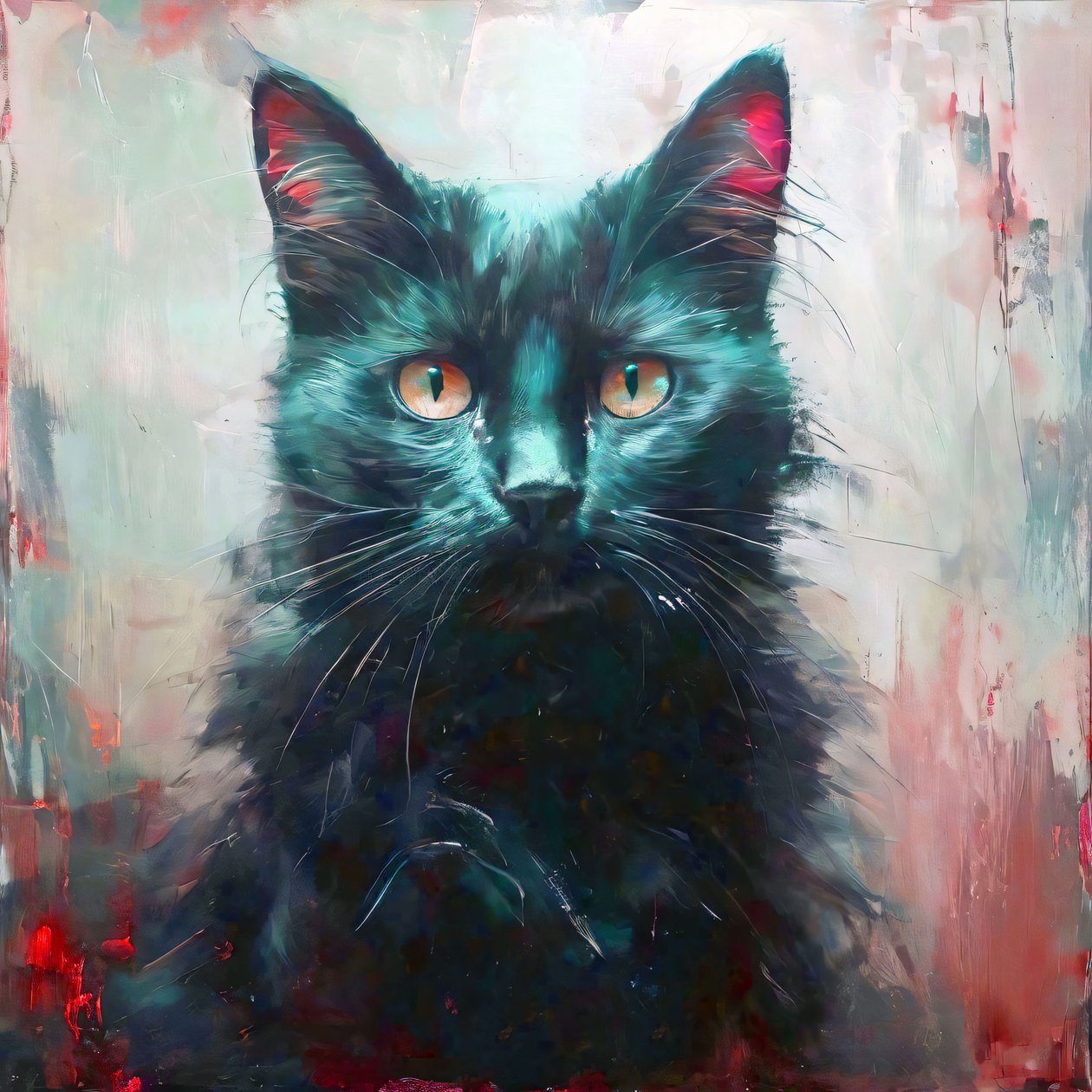 Canvas print : een zwarte kat met gele ogen zittend voor muurdecoratie door F. Abderrahim