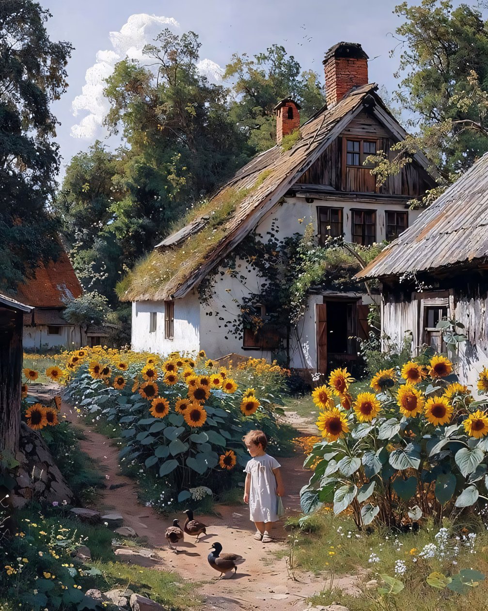 Een kind speelt voor een oude boerderij omringd door zonnebloemen canvas door F. Abderrahim