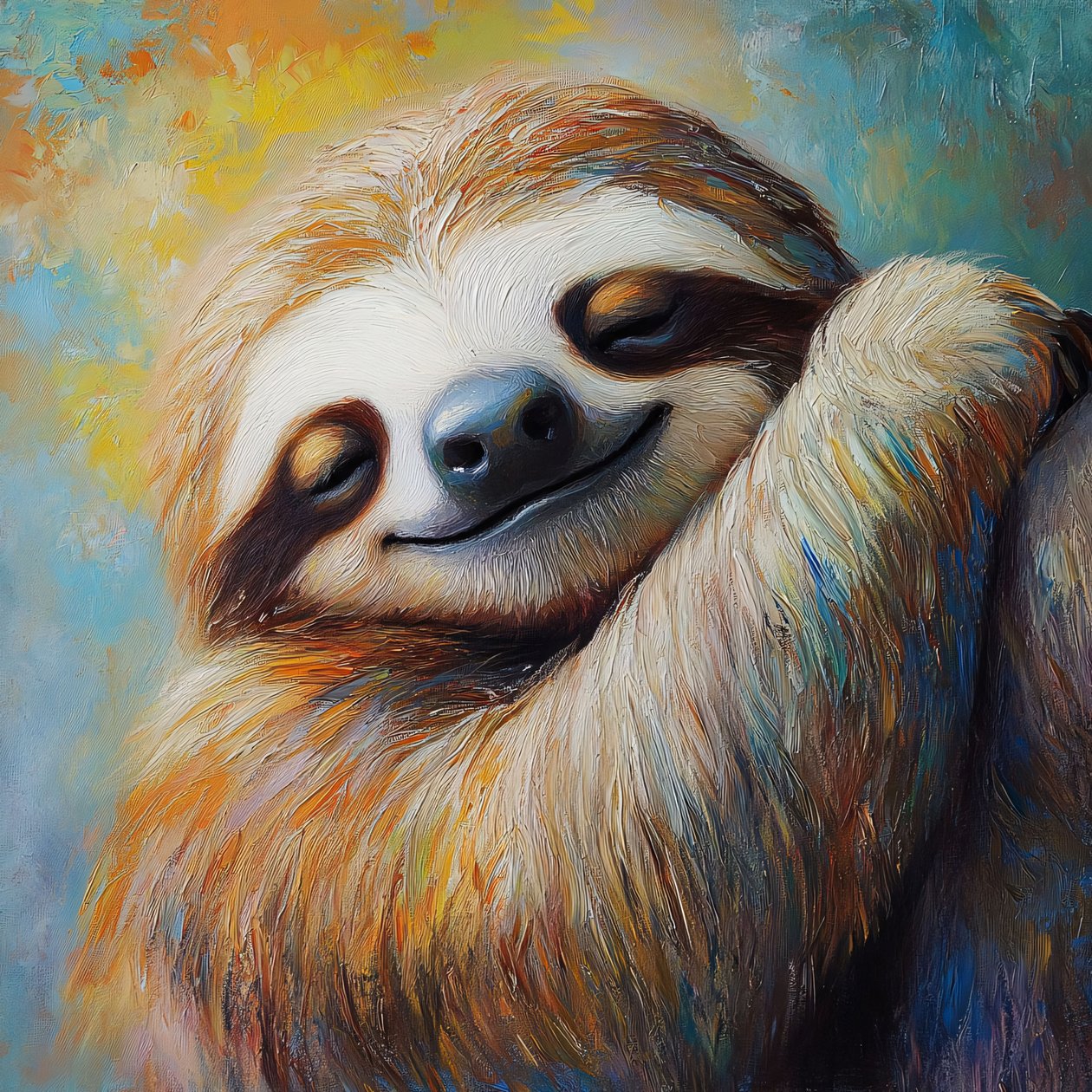 Een gelukkige vredige luiaard abstract realistisch schilderij, online canvas prints door F. Abderrahim