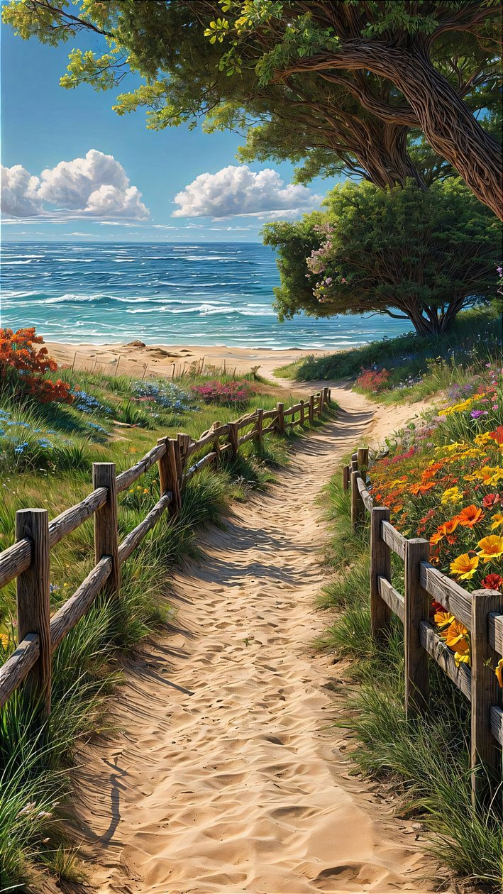Een zandpad leidt naar een prachtig strand met een houten hek en kleurrijke bloemen door F. Abderrahim