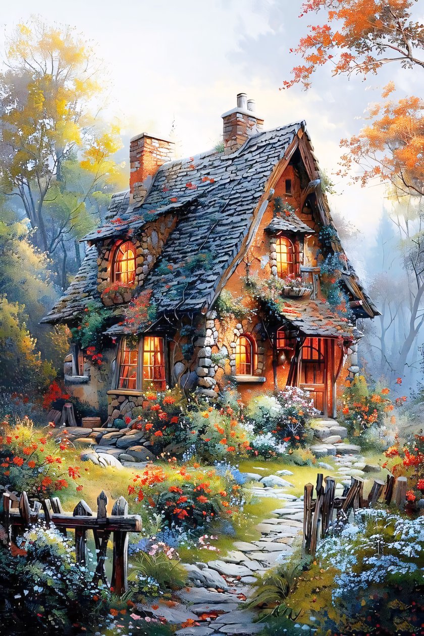 Landschap schilderij op canvas, boerderij huis schilderij, natuur muur decor door F. Abderrahim
