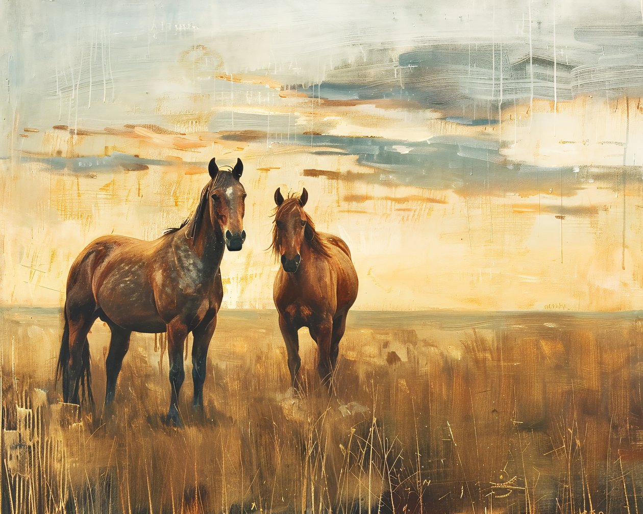 Olieverfschilderij Majestic Horses in a Field at Sunset, Canvas  wanddecoratie door F. Abderrahim