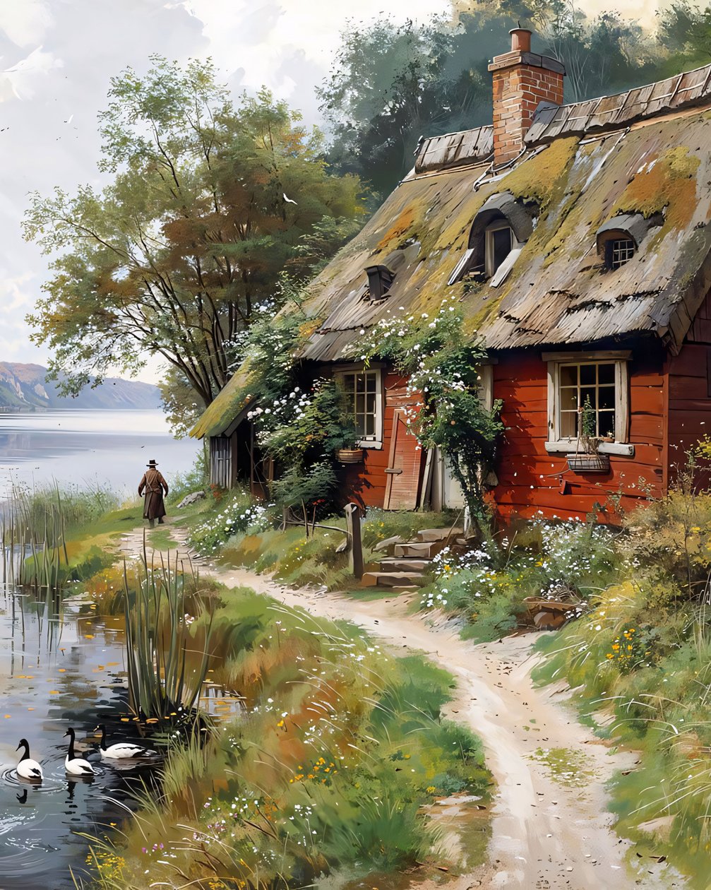 Oud Russisch dorp, hut, Olieverf op canvasbord, ingelijste wanddecoratie door F. Abderrahim