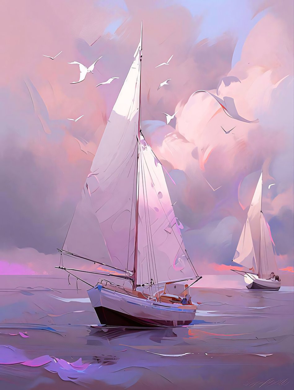Zeilboot op een witte en blauwe achtergrond, Canvas  ingelijste wanddecoratie door F. Abderrahim