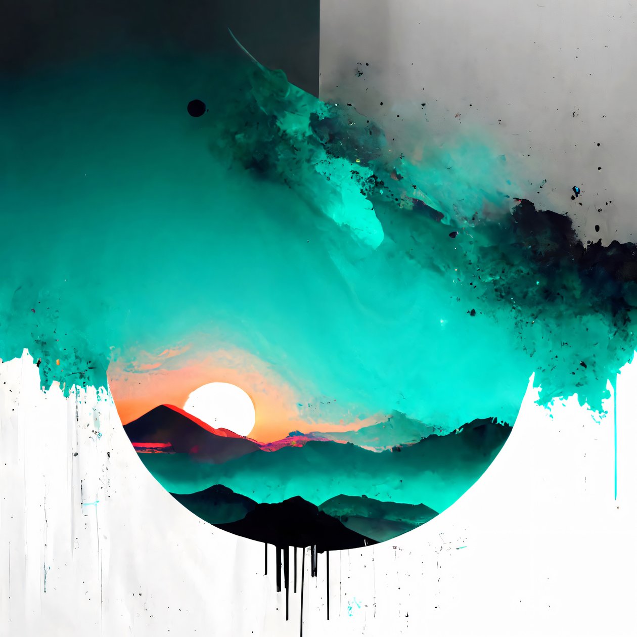 Abstracte minimalistische zonsopgang op wit met groenblauwe accenten, canvasprint op aanvraag door F. Abderrahim