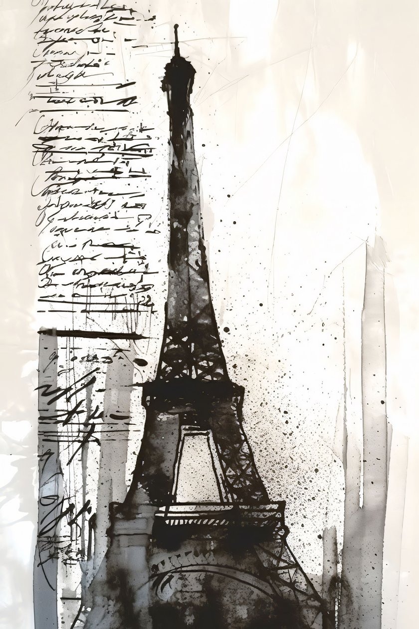 Zwarte verfspat Eiffeltoren-impressionistisch schilderij, ingelijste canvasprint op aanvraag door F. Abderrahim