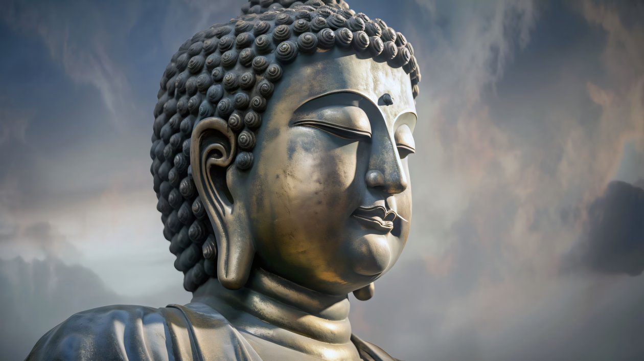 Boeddha Portret Zittend in Vredige Meditatie, ingelijste canvas print op aanvraag door F. Abderrahim
