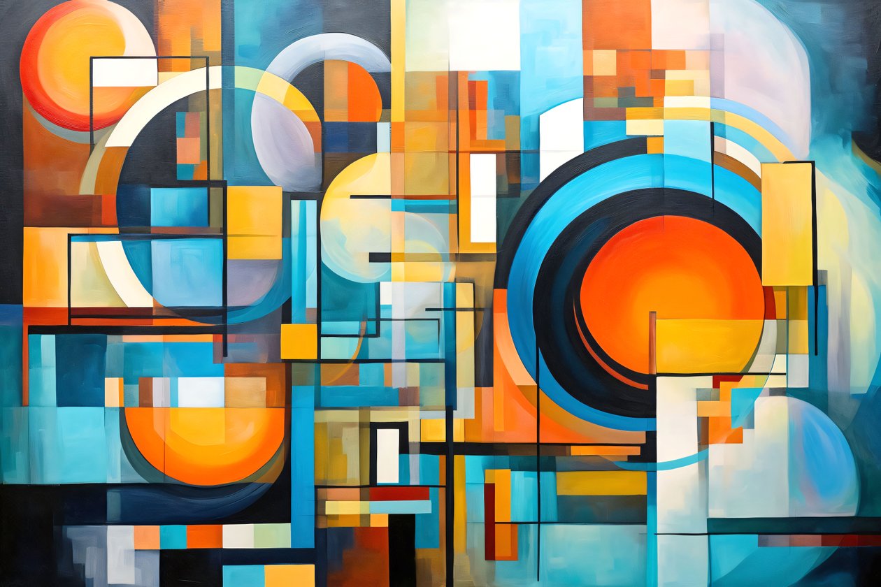 Geometrische Abstracte Fusie Heldere Kleuren in Olieverf  Acryl Muurkunstdecoratie door F. Abderrahim