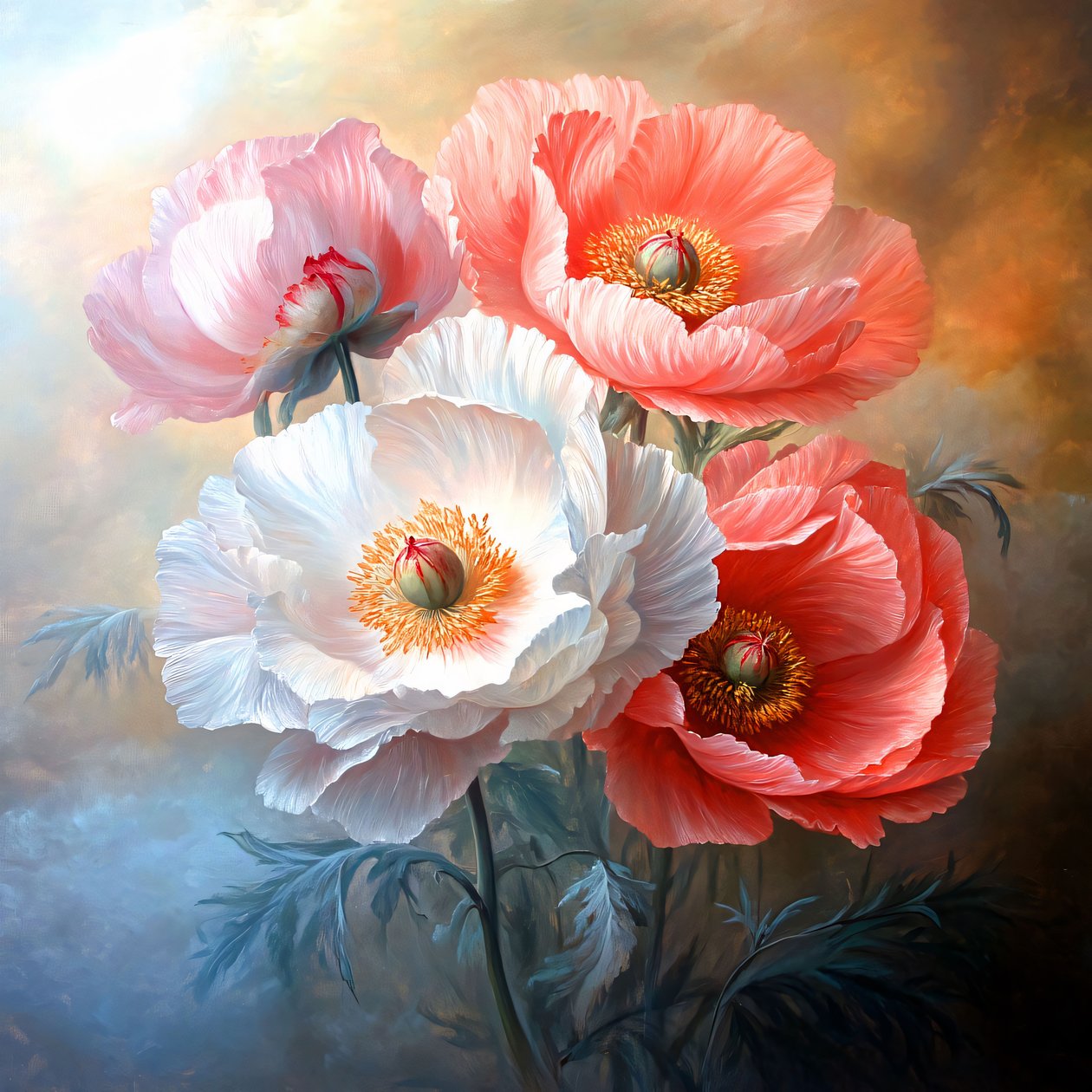 Olieverfschilderij, Grote delicate pioenen  klaprozen, wanddecoratie  canvas prints door F. Abderrahim