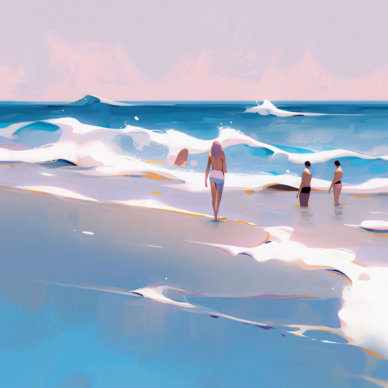 Mensen op het strand Minimalistisch aquarel met golven, Muurdecoratie te koop door F. Abderrahim