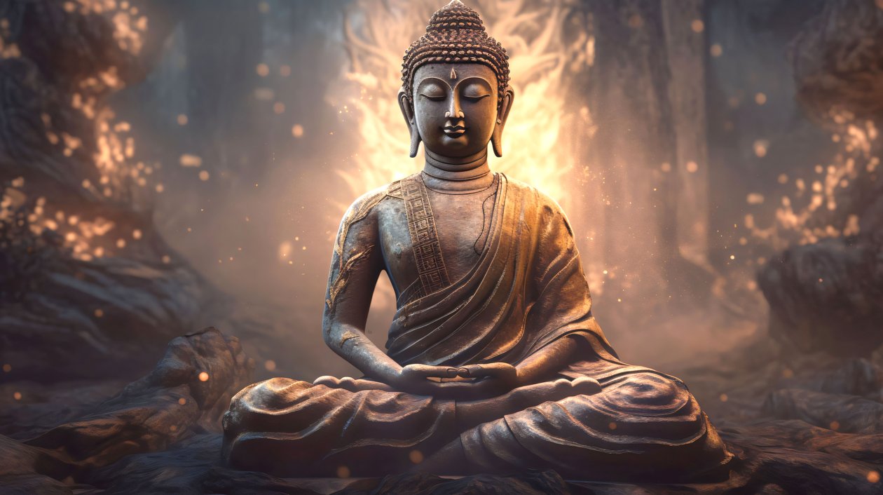 Realistisch Boeddhaportret Zittend, Vredige Meditatie, Spirituele muur thuisdecoratie door F. Abderrahim