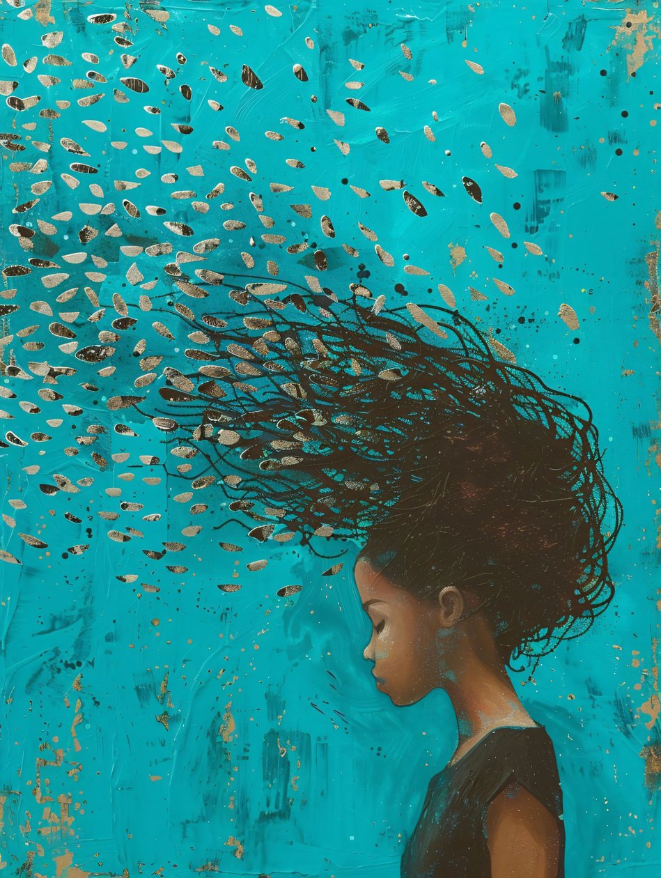 Meisje met haar bewegend in het water, fantastische printbare muurkunst door F. Abderrahim